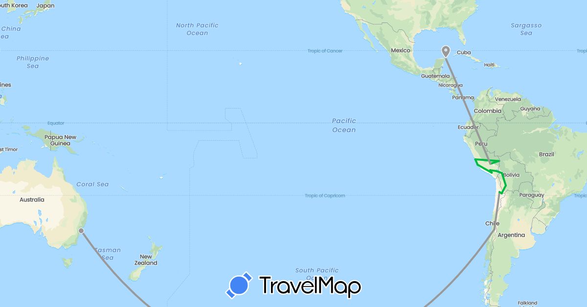 TravelMap itinerary: driving, bus, plane in Australia, Bolivia, Chile, Mexico, Peru (North America, Oceania, South America)